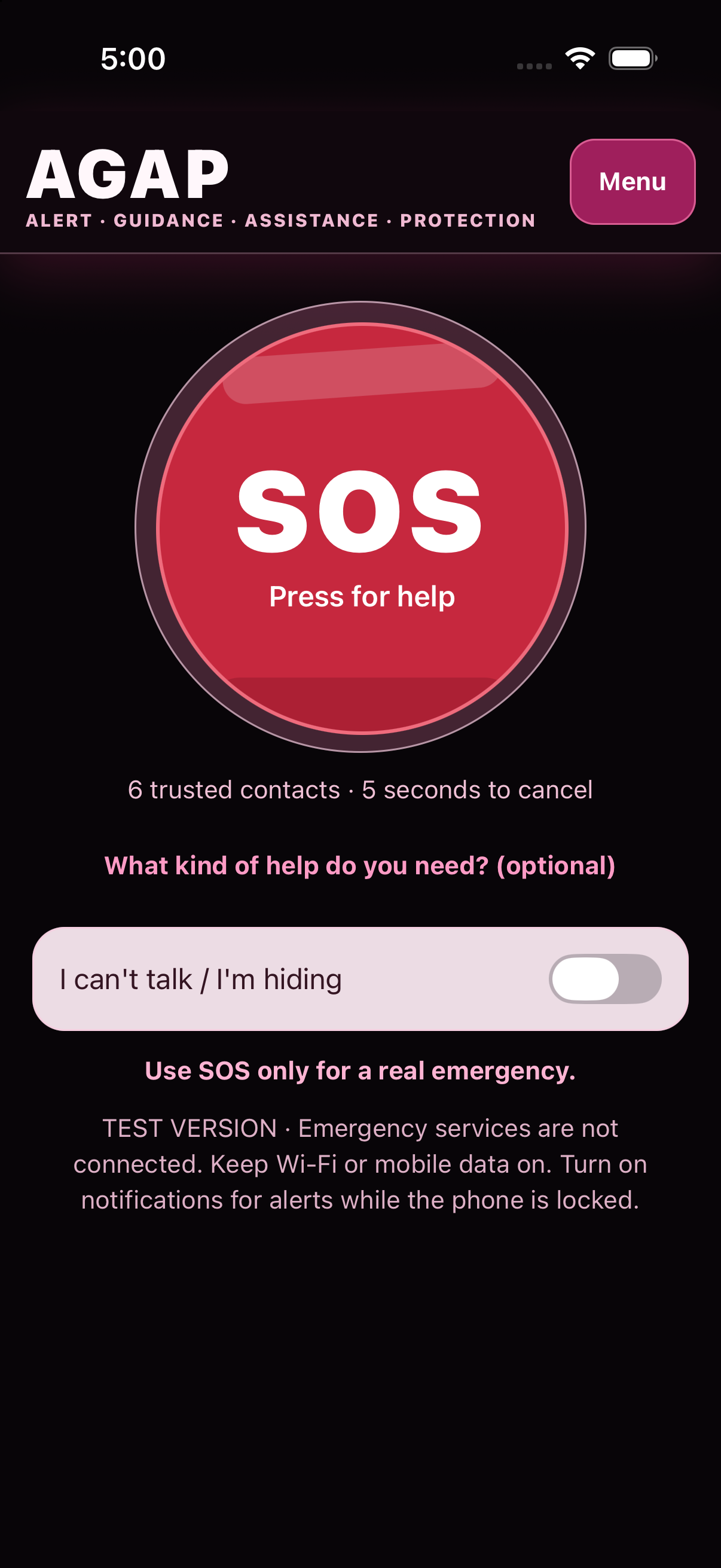 AGAP home screen with a large SOS button