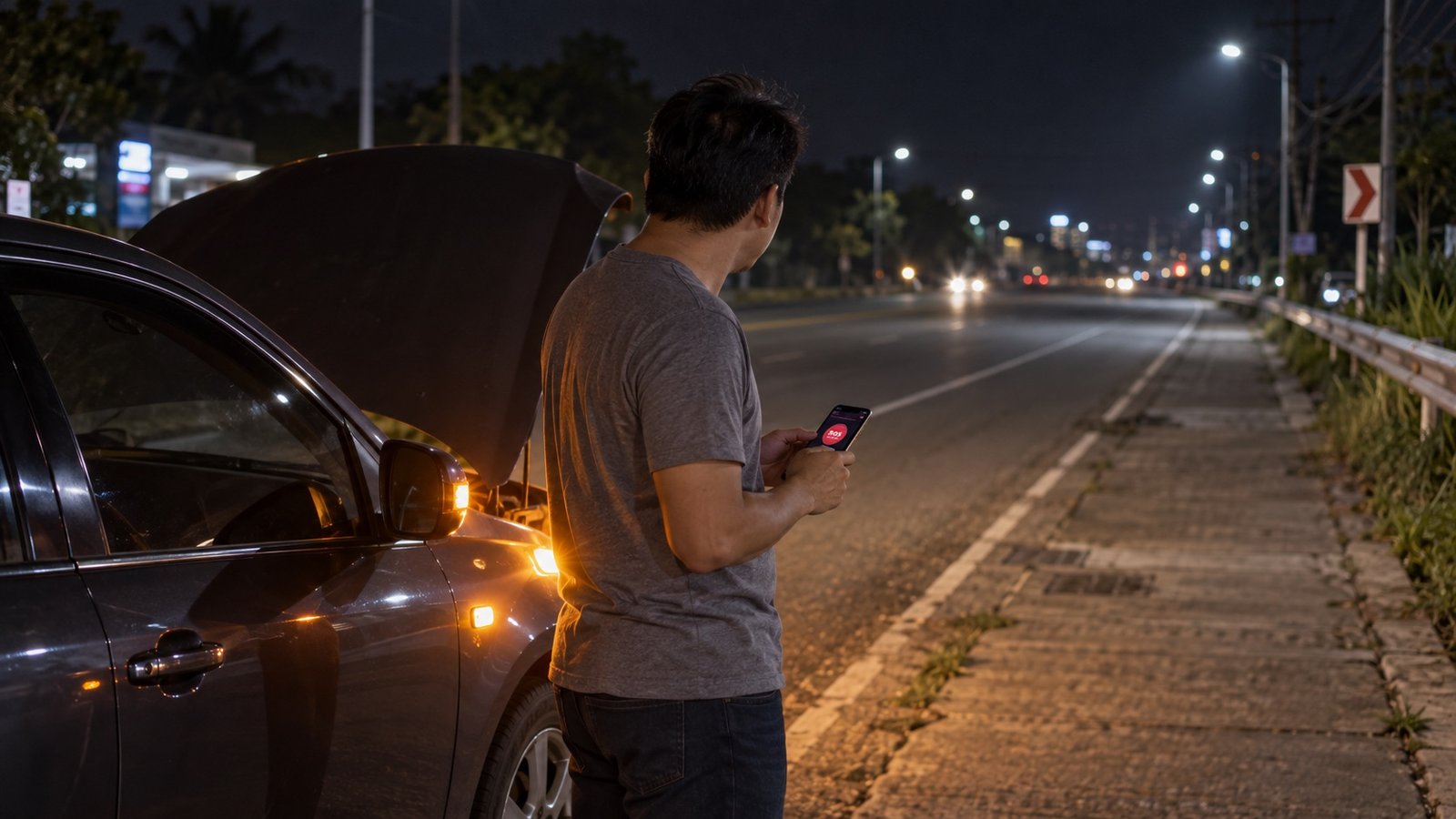 A driver using AGAP beside a disabled vehicle on a roadside at night